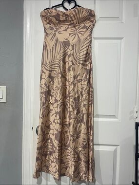 Strapless Floral Satin Maxi Dress in Taupe